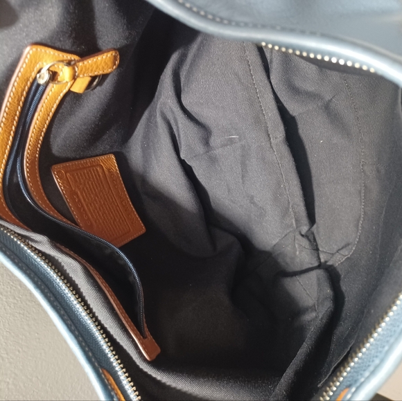 VINTAGE 6IN MATCHED WRISTLET & LARGE 15IN WIDE COACH BLUE STRIPED HOBO ERGO BAG - Picture 15 of 17